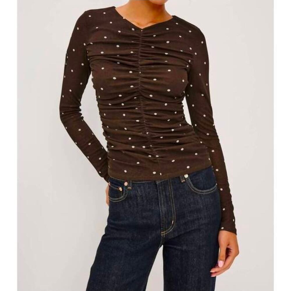 Rails Georgina Cocoa Polka Dots Mesh Ruched Long Sleeve Top Brown Size M Sheer